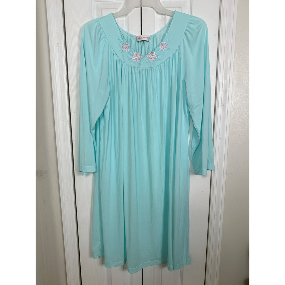 Shadowline Nightgown XL Aqua Blue Floral Embroidered Cottagecore Vintage Style